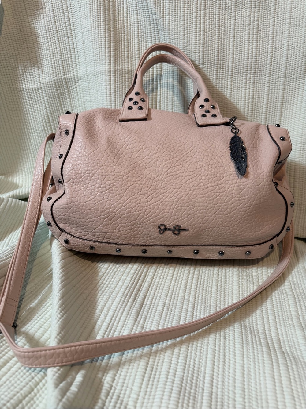 Jessica Simpson Blush Pink Pebbled Satchel with Feather Charm